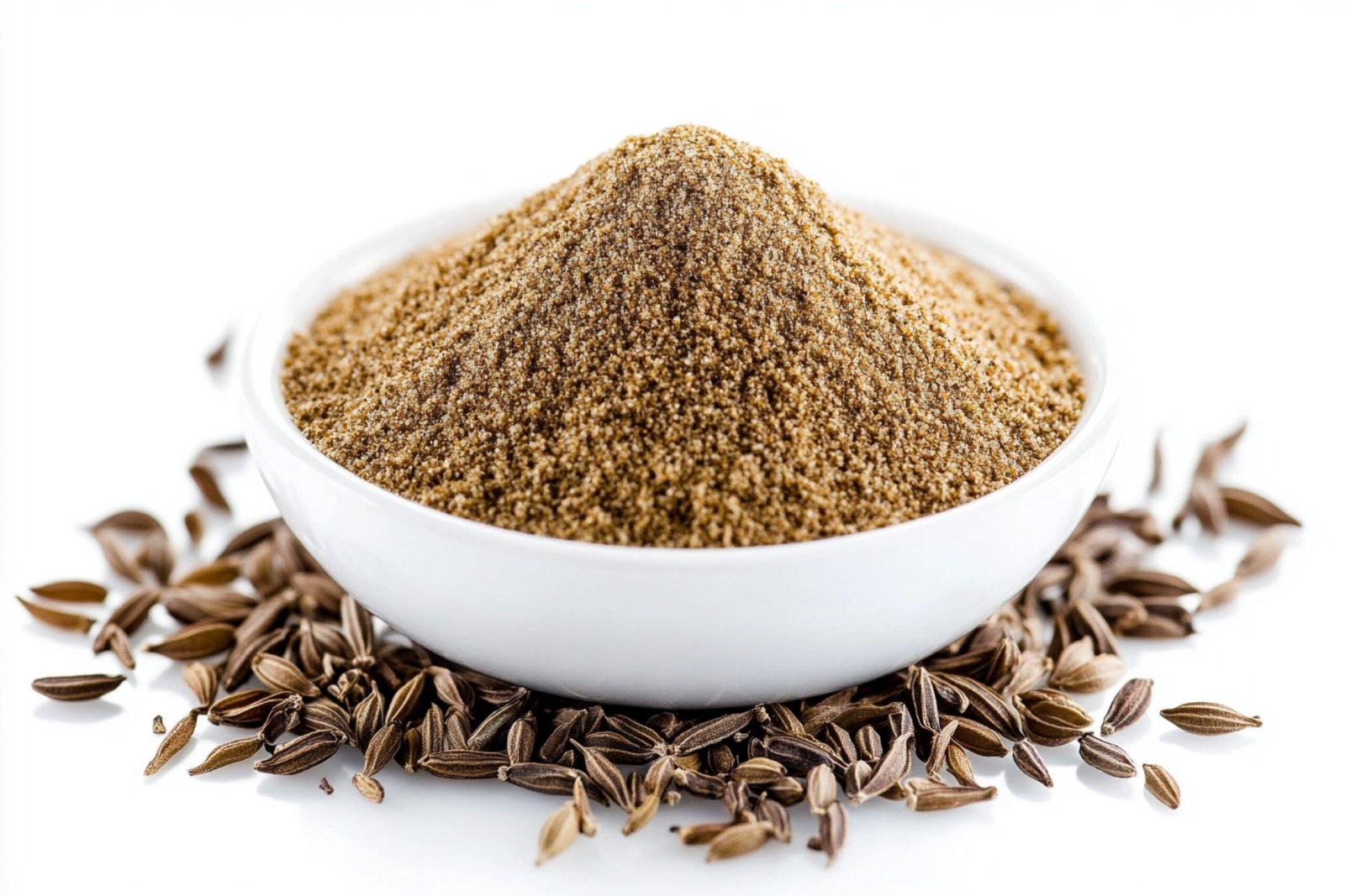 cumin powder bowl surrounded by cumin seeds