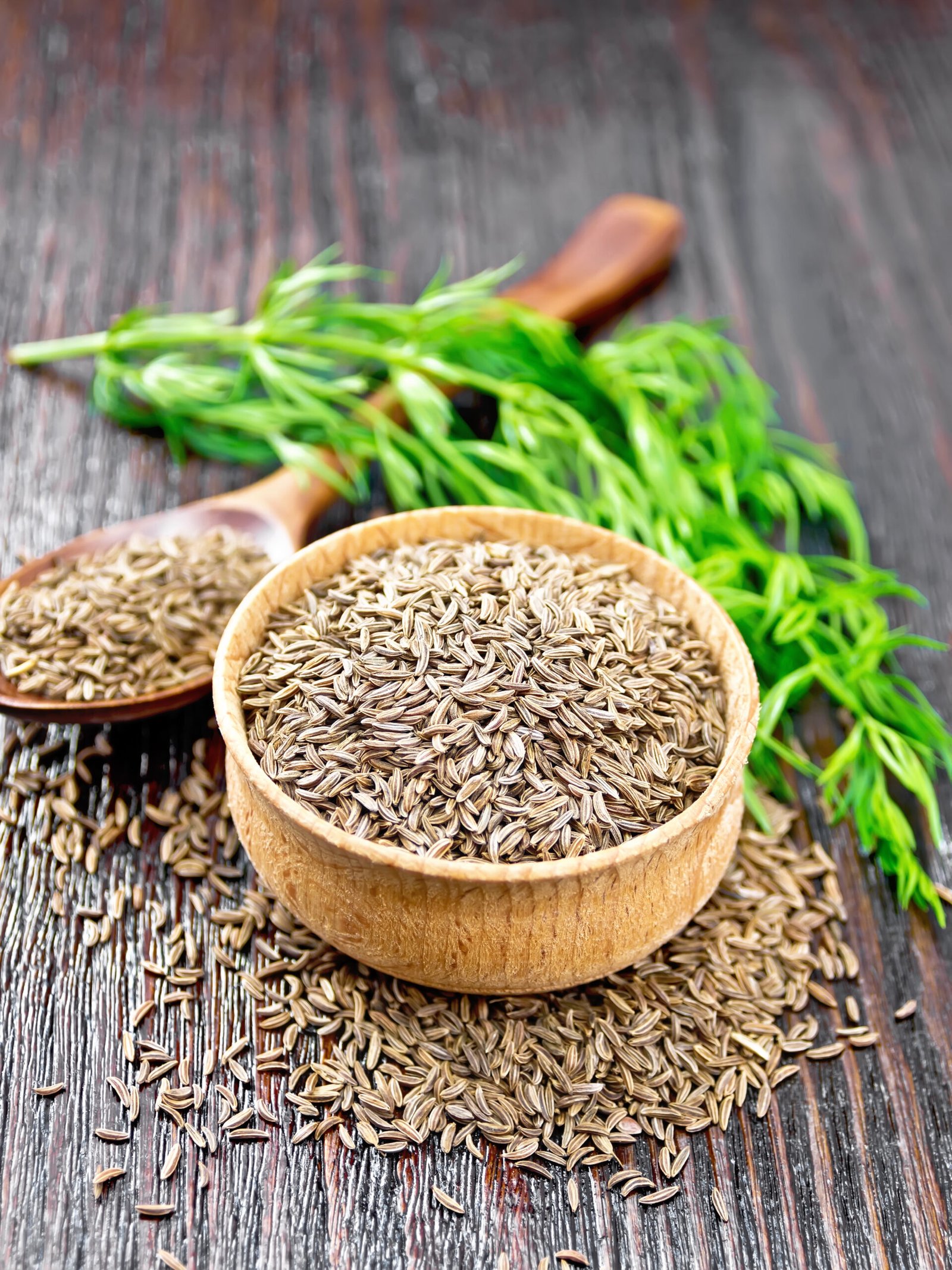 cumin seeds in bowl and spoon with herbs on wooden board